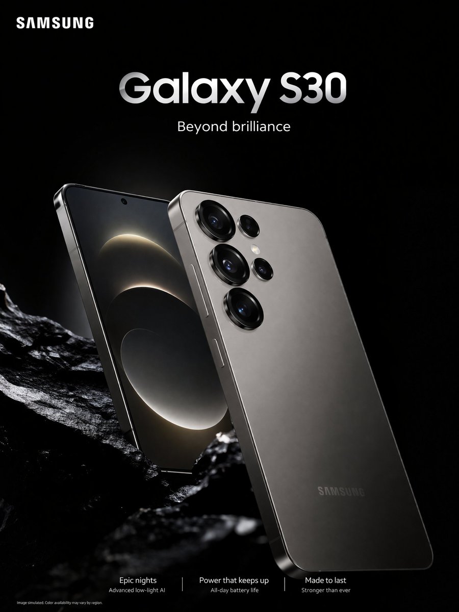 Smartphone Ad Poster Qwen Image 프롬프트 예시: Generates a sleek, dark-themed commercial product poster for a smartphone with typography and feature highlights.