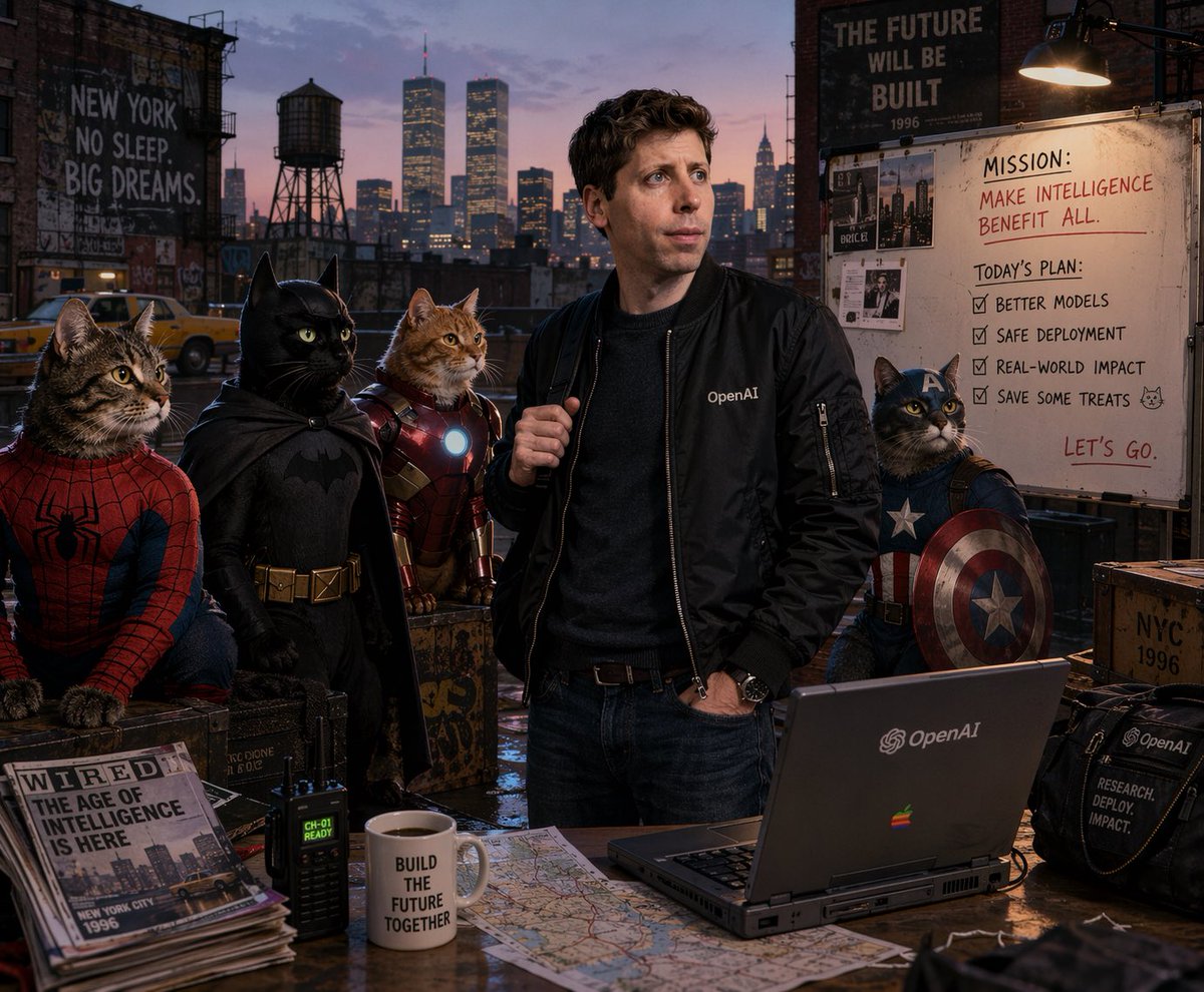 Retro Tech CEO with Superhero Cats GPT Image 2 prompt example: Generates a cinematic portrait of a tech leader surrounded by superhero-themed cats in a nostalgic 1990s rooftop...