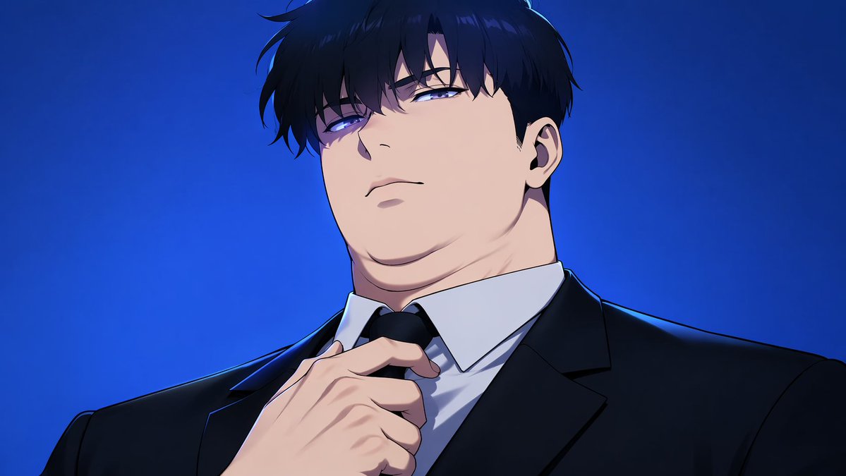 Manhwa Style Boss Adjusting Tie Qwen Image 프롬프트 예시: Generates an anime or manhwa style portrait of a heavily built man in a suit adjusting his tie against a solid background.