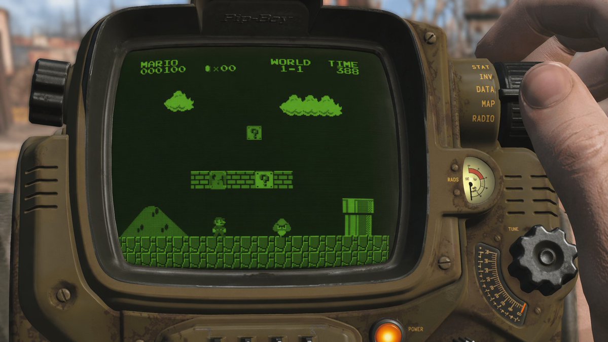 Retro Wrist Computer Playing Classic Platformer Qwen Image prompt example: Generates a first-person view of a retro-futuristic wrist device displaying a classic 8-bit video game...