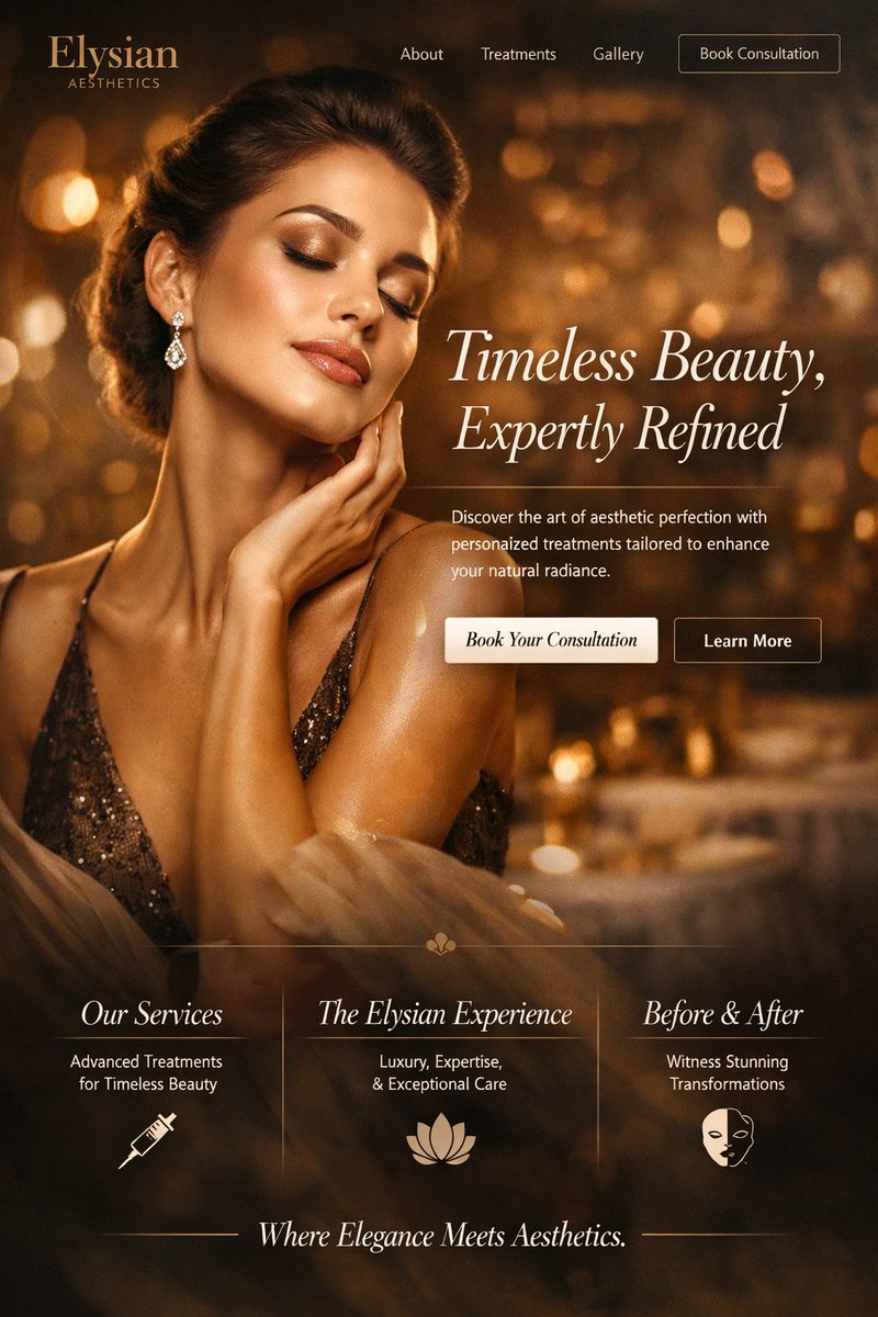 Luxury Aesthetics Website Mockup のQwen Imageプロンプト例: Generates a high-end website landing page mockup for a beauty or aesthetics clinic, featuring a hero portrait, typography, and...
