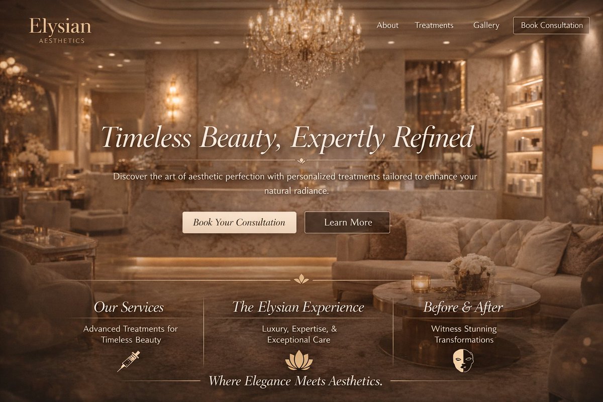 Luxury Aesthetics Website Mockup のQwen Imageプロンプト例 バリエーション 2: Generates a high-end website landing page mockup for a beauty or aesthetics clinic, featuring a hero portrait,...
