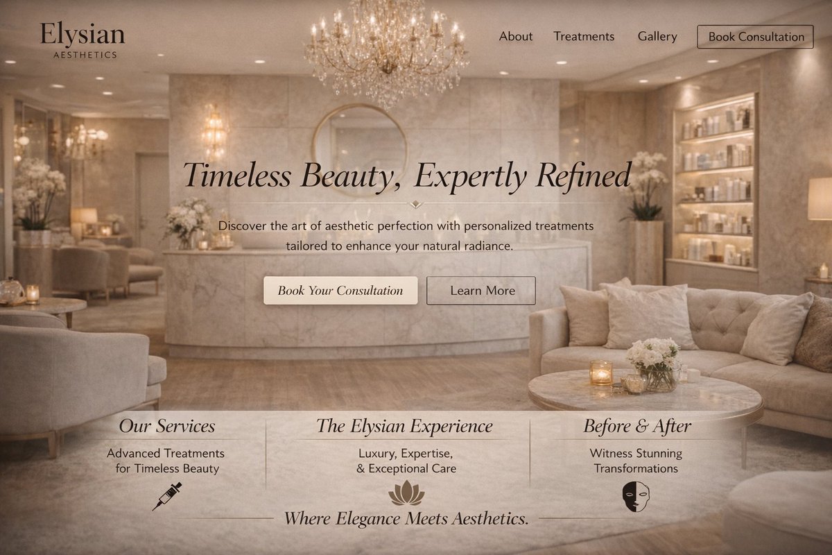 Luxury Aesthetics Website Mockup のQwen Imageプロンプト例 バリエーション 3: Generates a high-end website landing page mockup for a beauty or aesthetics clinic, featuring a hero portrait,...