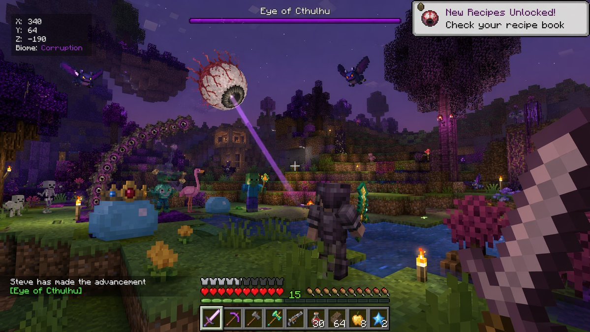 Voxel Survival Game Boss Fight UI Qwen Image 프롬프트 예시: Generates a first-person screenshot of a blocky survival game featuring custom boss fights, diverse mobs, and detailed HUD...