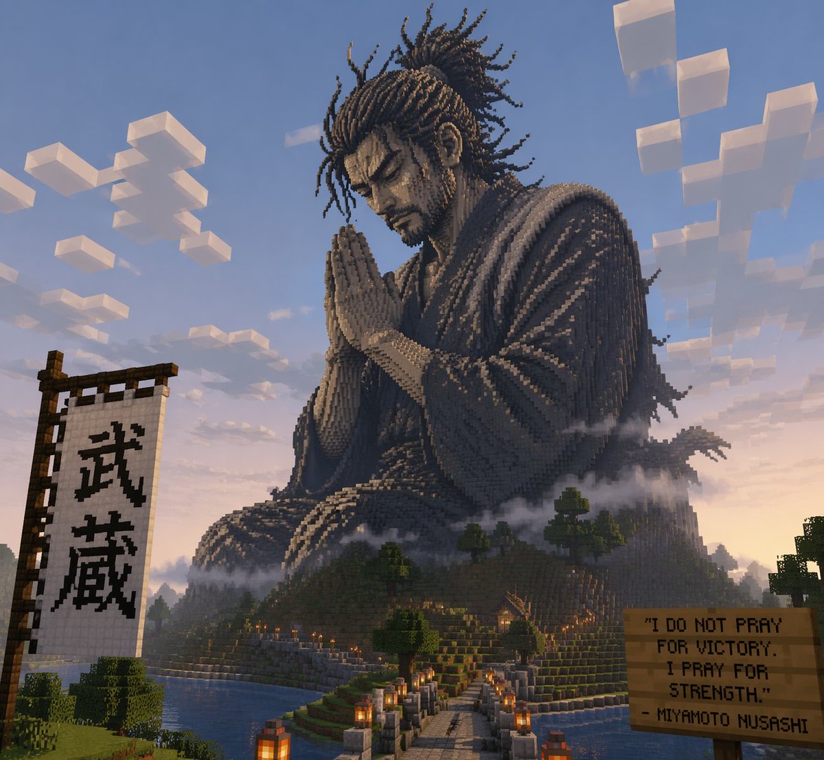 Minecraft Statue of Musashi Qwen Image prompt example: A prompt for creating a massive, block-style statue of Miyamoto Musashi in a prayer pose within the world of Minecraft.