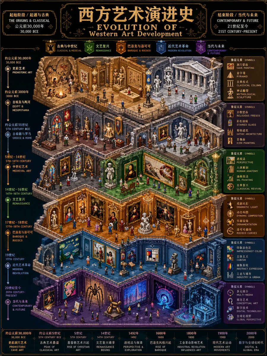 Isometric Pixel Art Evolution Museum Qwen Image prompt example variation 2: A detailed prompt for creating an isometric pixel art timeline illustration that depicts the evolution...