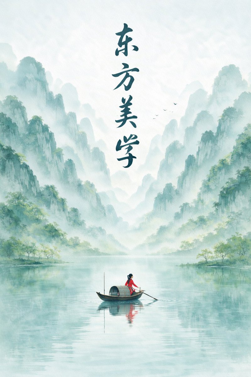 Oriental Aesthetics Ink Wash Poster 的 Qwen Image 提示词示例图:A prompt for a minimalist New Chinese style ink wash landscape poster featuring misty mountains, a mirror-like lake, and a...