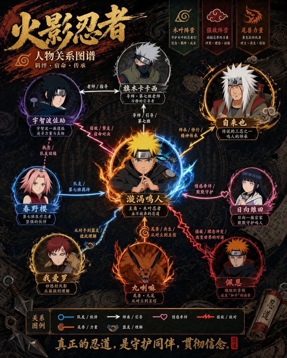 Character Relationship Diagram Poster Generator Qwen Image prompt example variation 2: A detailed prompt for creating professional character relationship posters that combine...