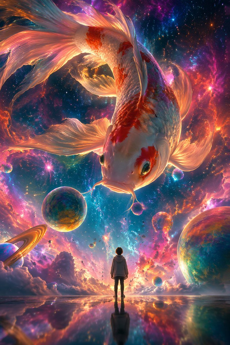 Surrealist Koi Fish Illustration Qwen Image prompt example: A surreal digital illustration prompt featuring a giant koi fish in a dreamlike nebula with a tiny human figure for...