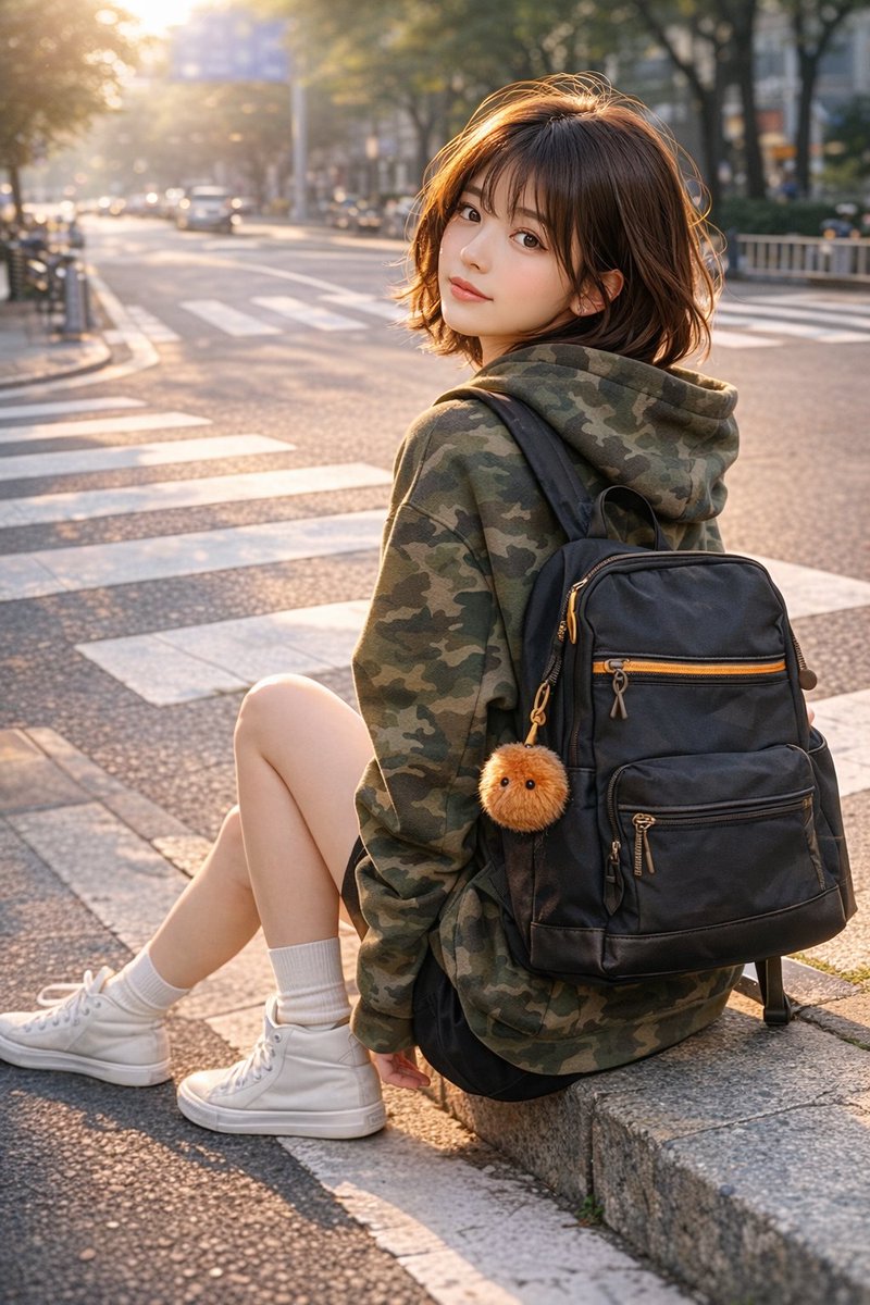 Urban Street Style Character Study Qwen Image 프롬프트 예시: A highly detailed complex prompt testing spatial accuracy and descriptive adherence, featuring a young woman in a 'looking...