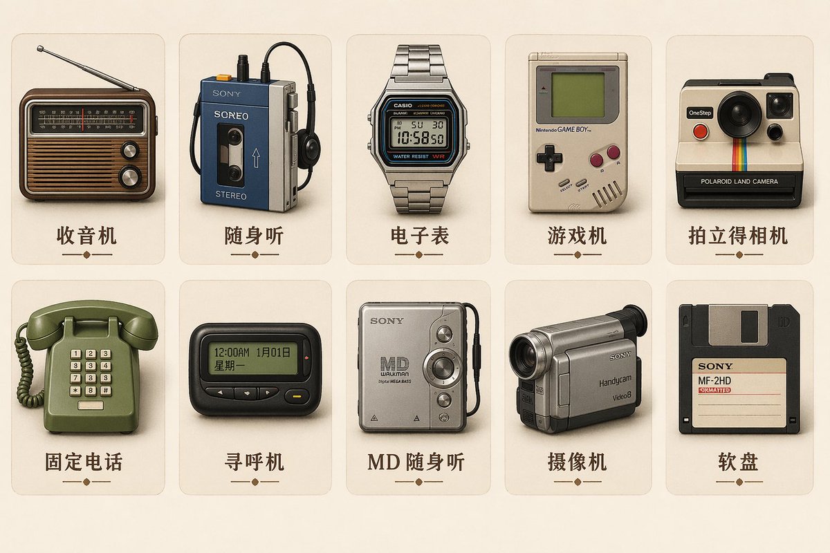 Retro Skeuomorphic Icons GPT Image 2 prompt example: A prompt to generate a set of retro icons for electronic devices, utilizing skeuomorphic design elements and including text...
