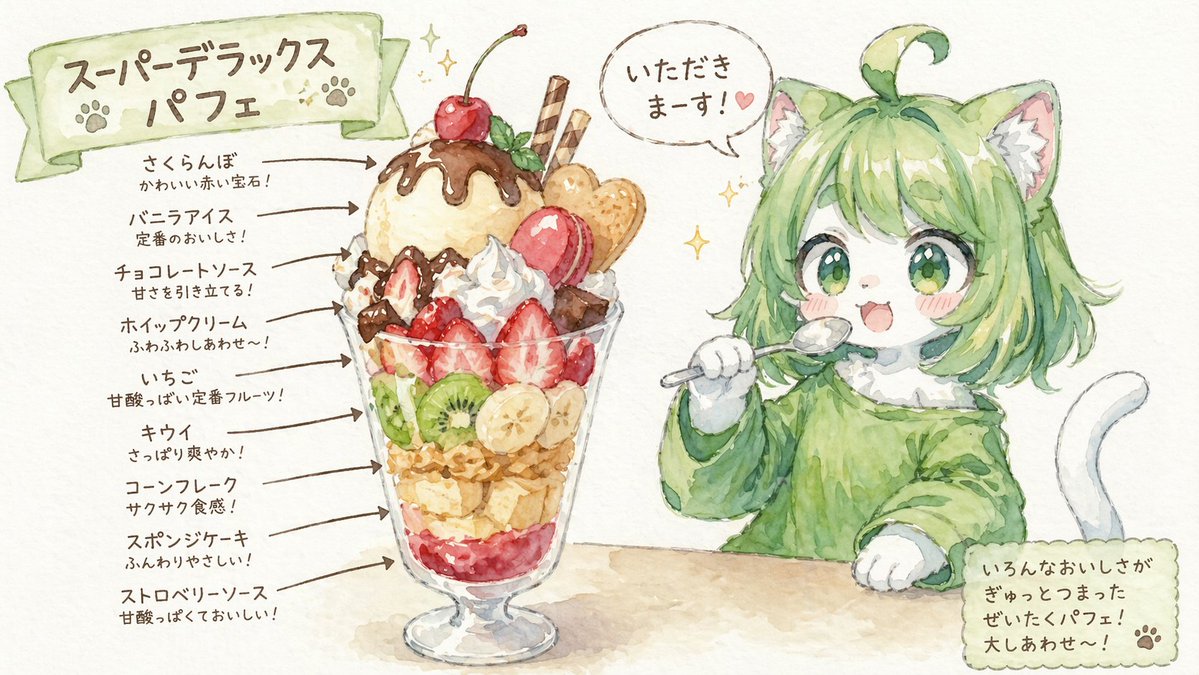 Character Eating Parfait with Annotations Qwen Image prompt example: A complex instructional prompt for GPT-Image-2 to generate a character eating a dessert while including...