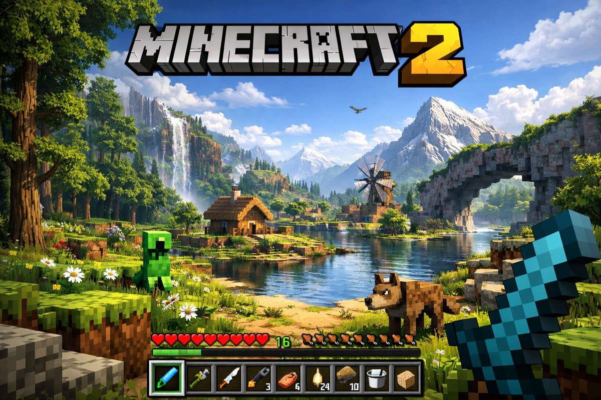 Next-Gen Voxel Game Screenshot のQwen Imageプロンプト例: Generates a realistic, high-fidelity first-person screenshot of a block-building game with a custom logo, environment, and UI...