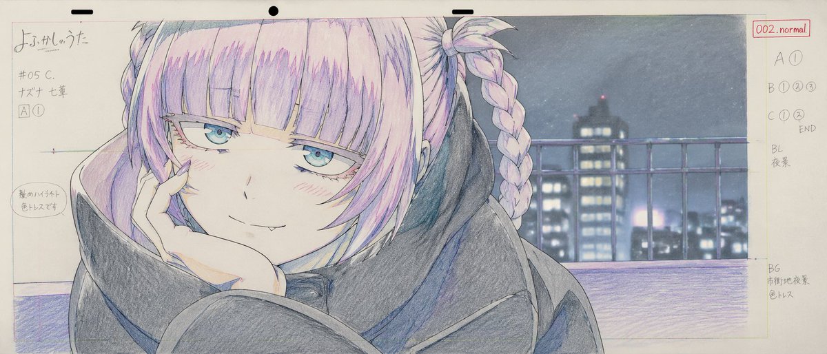 Anime Production Layout Sheet GPT Image 2 prompt example: Generates a traditional anime key animation layout sheet with handwritten production notes and a colored character...
