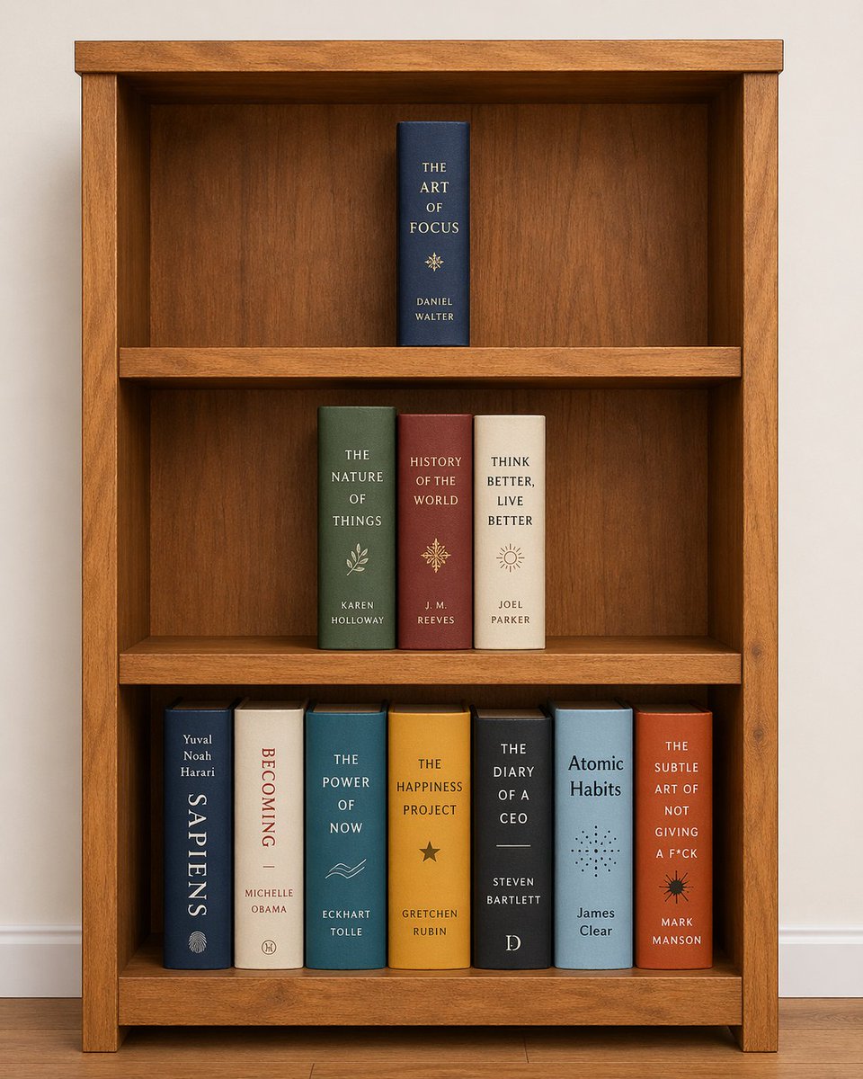 Curated Bookshelf with Specific Titles Qwen Image prompt example: Generates a wooden bookshelf displaying 11 distinct books with customizable titles, authors, and spine colors.