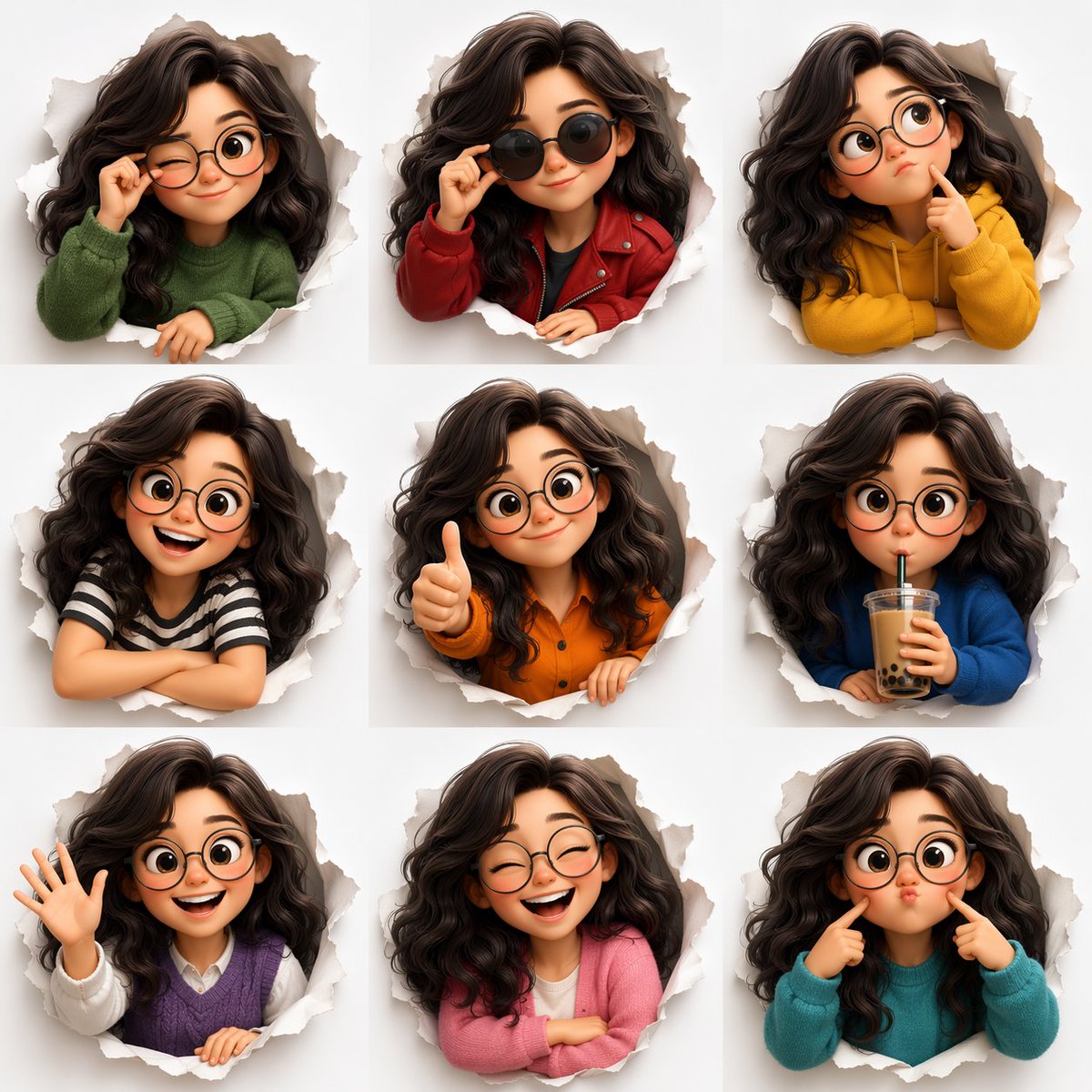 3D Animated Character Expression Grid GPT Image 2 prompt example: Generates a 9-panel grid of a 3D animated character showing various expressions and outfits while peeking...