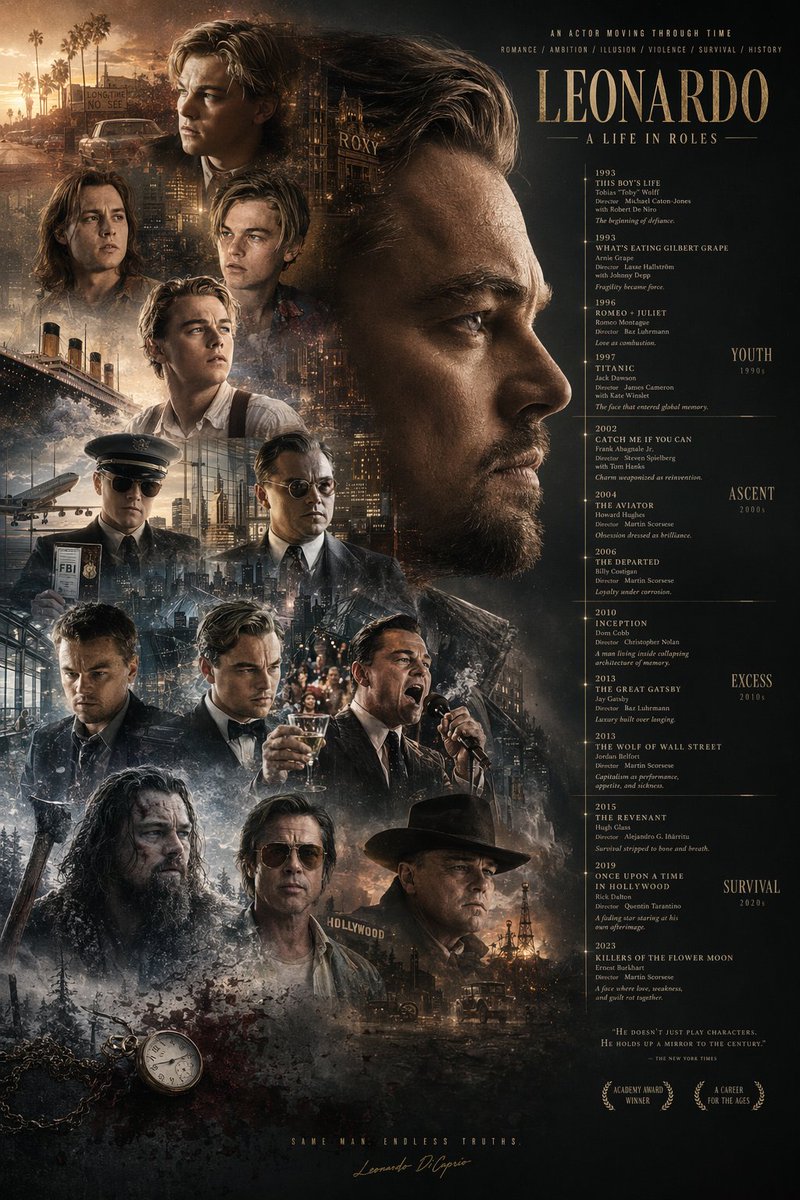 Mirrored Actor Retrospective Poster Qwen Image 프롬프트 예시: Reorganizes a biographical movie poster by flipping the layout, shifting the timeline to the right, and adding era...