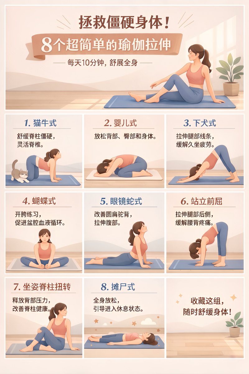 9-Panel Yoga Infographic Poster 的 GPT Image 2 提示词示例图：Generates a structured 3x3 grid infographic poster detailing yoga poses with a header and text descriptions, ideal for social...