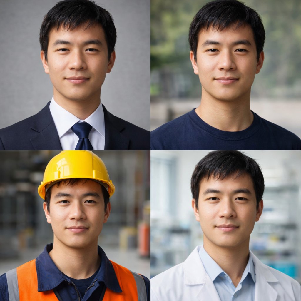 4-Panel Professional Avatar Grid GPT Image 2 prompt example: Generates a 2x2 grid of photorealistic portraits showing the same person in four different professional and casual...
