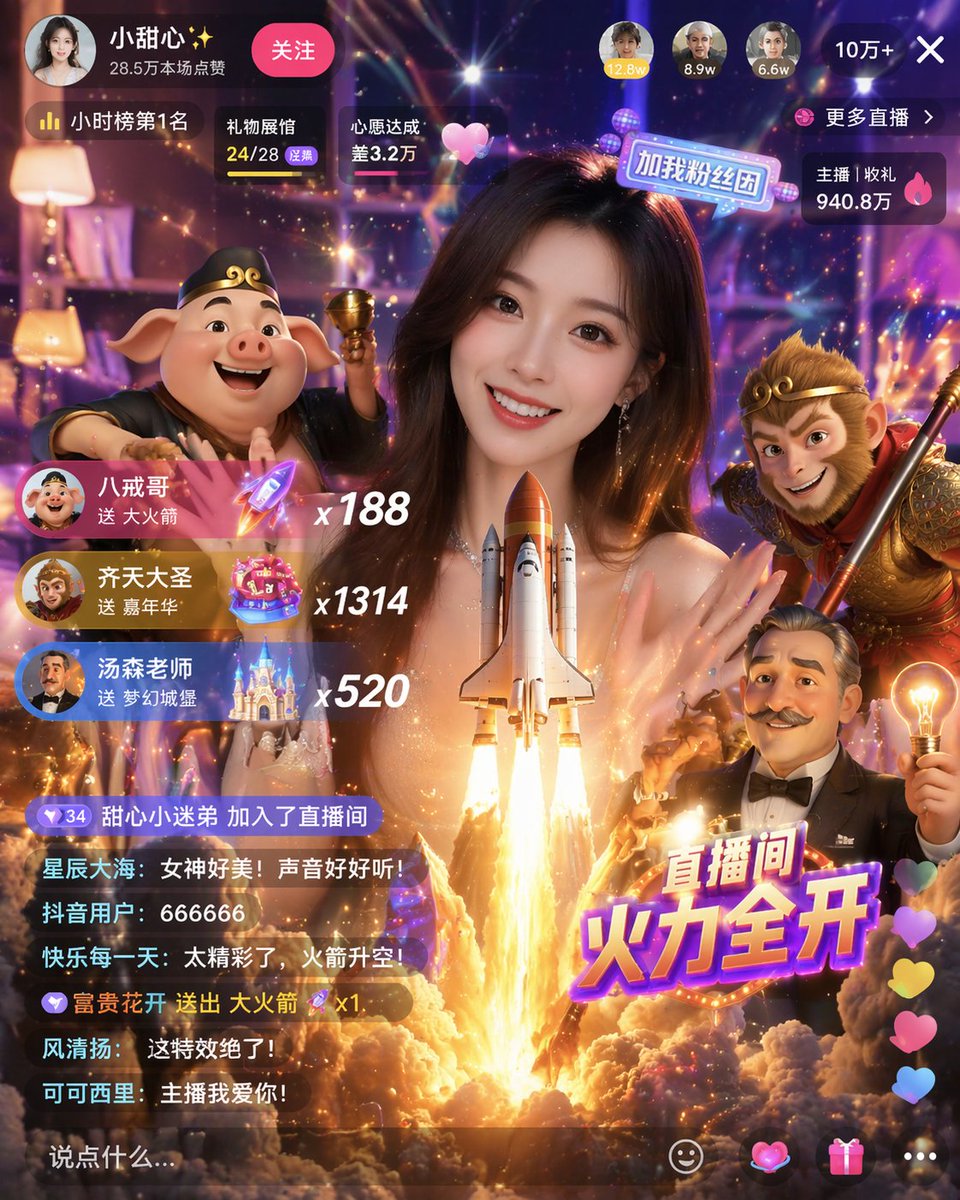 Live Stream UI Mockup with 3D Effects Qwen Image 프롬프트 예시: Generates a highly detailed mobile live streaming interface featuring a central subject, virtual gift effects, chat...