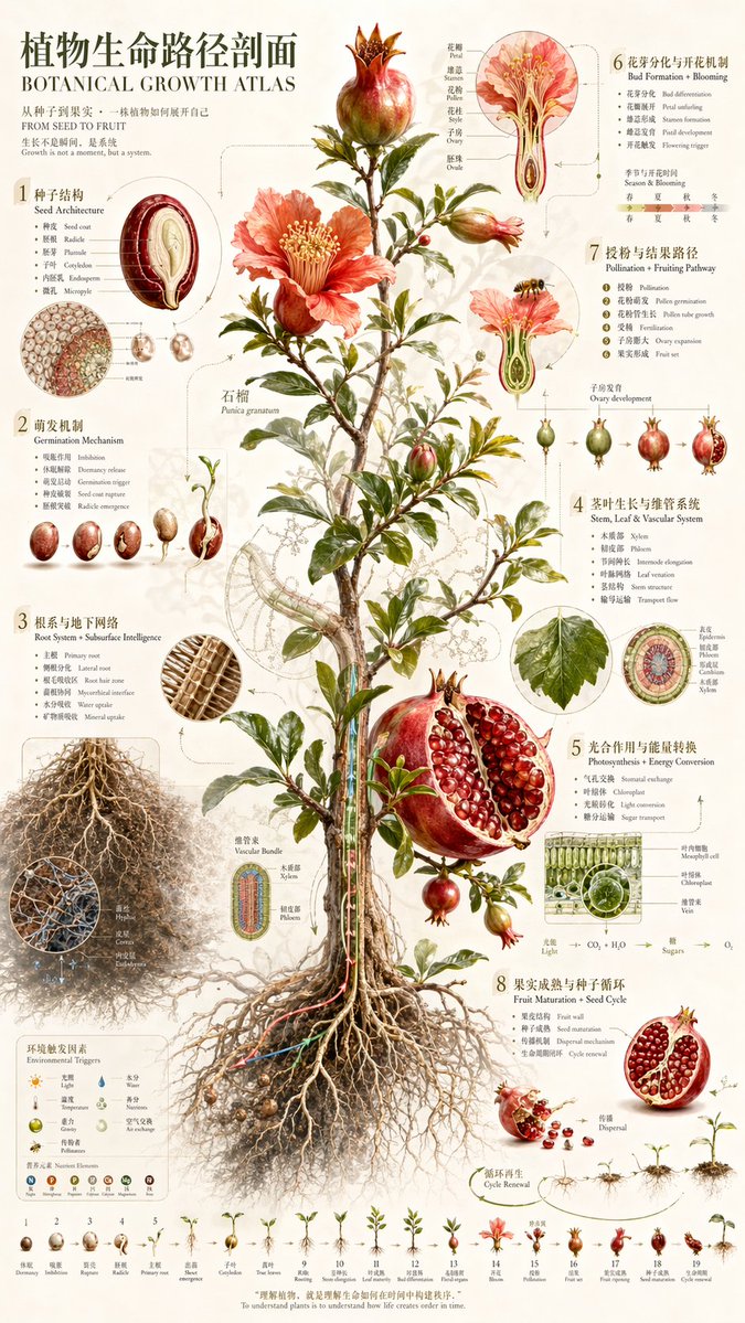 Botanical Growth Atlas Infographic のQwen Imageプロンプト例: Generates a highly detailed, vintage-style botanical infographic detailing the complete life cycle and anatomy of a plant.