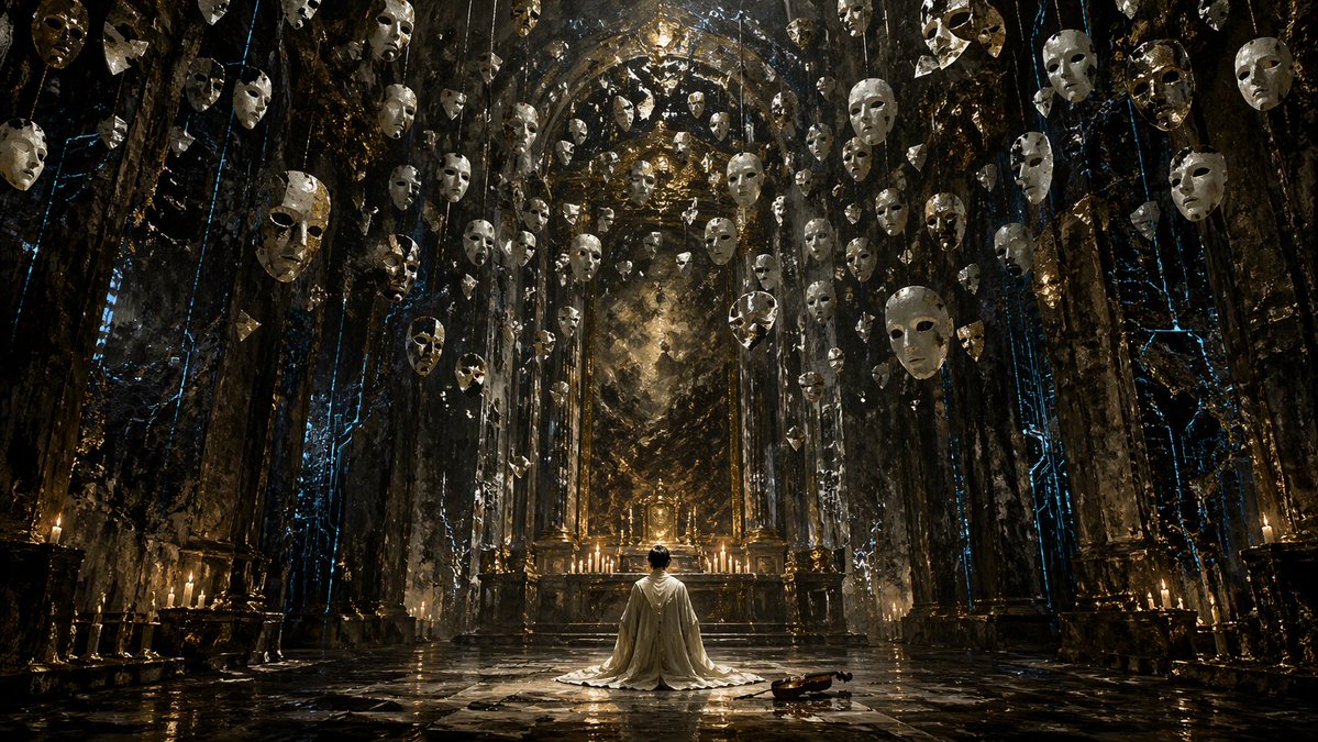 Surreal Gothic Hall with Floating Masks Qwen Image prompt example: Generates a dark fantasy scene of a kneeling figure in a grand hall filled with suspended objects, ideal for...