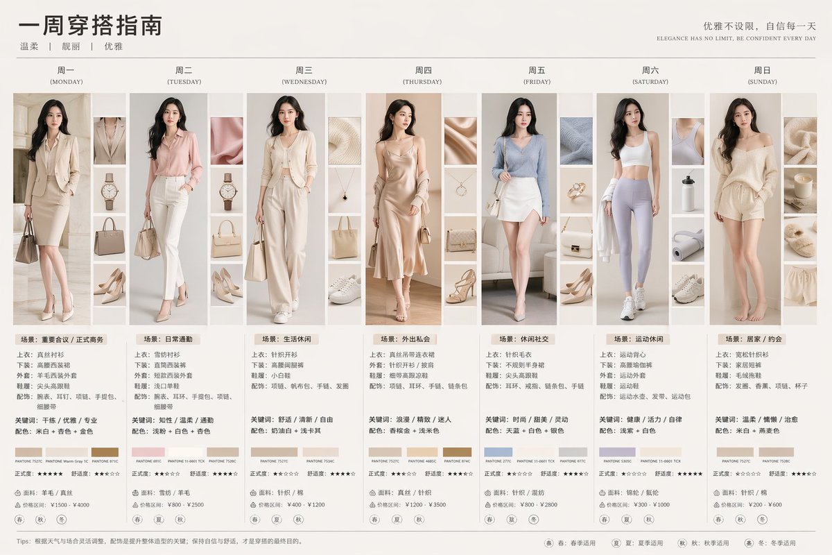 7-Day Fashion Lookbook Infographic GPT Image 2 prompt example: Generates a detailed 7-column outfit guide featuring daily portraits, accessory thumbnails, color palettes, and...