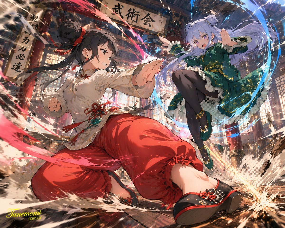 Anime Martial Arts Battle Illustration のQwen Imageプロンプト例: Generates a dynamic, high-impact anime illustration of two female characters fighting in a traditional dojo with...