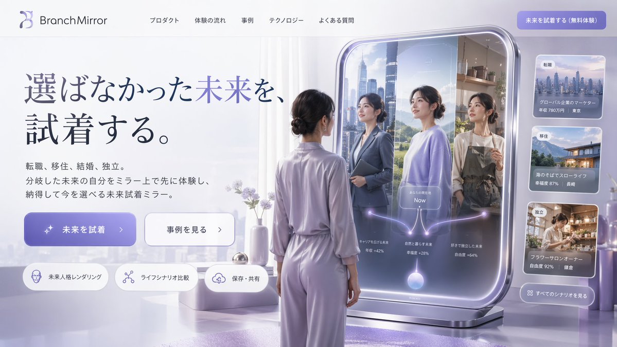 Futuristic Smart Mirror Website Mockup GPT Image 2 prompt example: Generates a modern, futuristic website landing page mockup featuring a smart mirror UI that displays branching...
