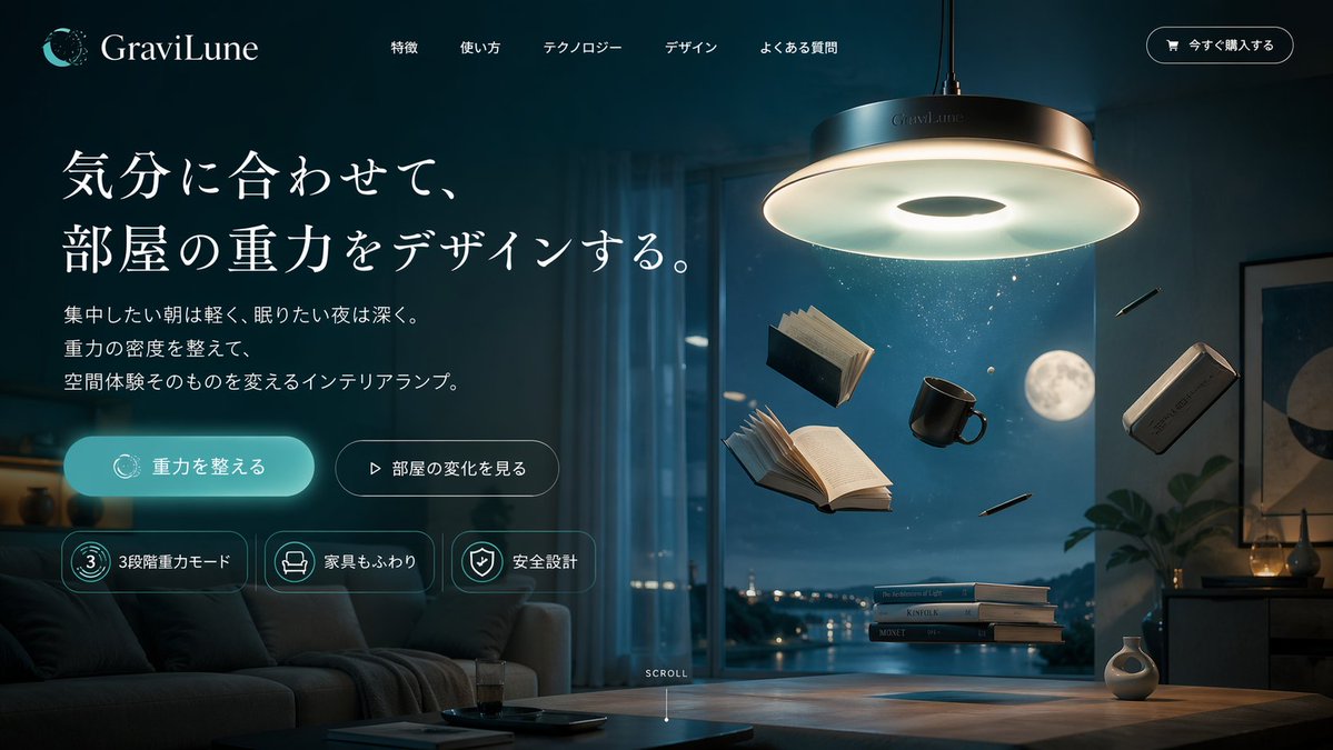 Anti-Gravity Lamp Landing Page Mockup GPT Image 2 prompt example: Generates a dark-themed website hero section for a fictional gravity-altering lamp, featuring UI elements and...