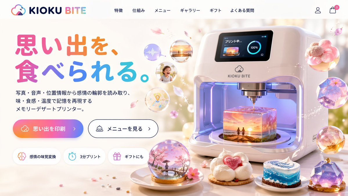 Futuristic 3D Food Printer Landing Page Qwen Image prompt example: Generates a website mockup for a sci-fi appliance that prints memories as magical desserts, featuring UI...