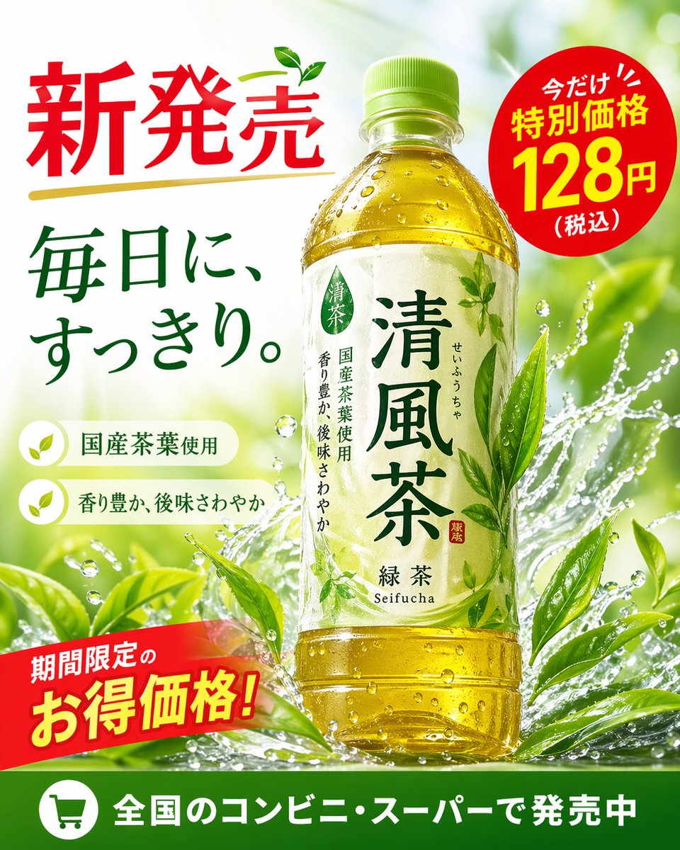 Green Tea Bottle Advertisement Poster GPT Image 2 prompt example: A vibrant promotional poster for a bottled green tea beverage, featuring dynamic water splashes, pricing badges,...