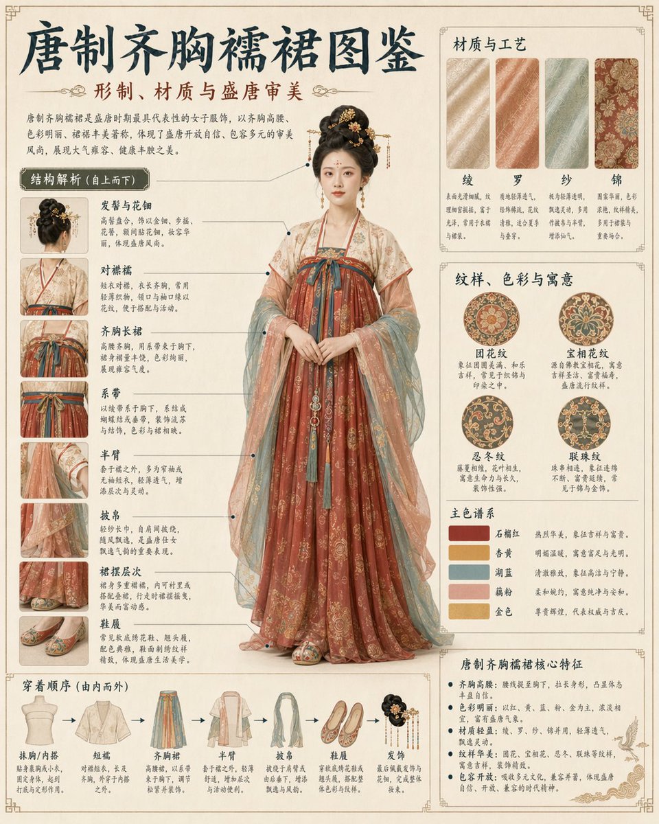 Traditional Garment Infographic 的 GPT Image 2 提示词示例图:A highly detailed, multi-section infographic illustrating the structure, materials, and wearing sequence of traditional...
