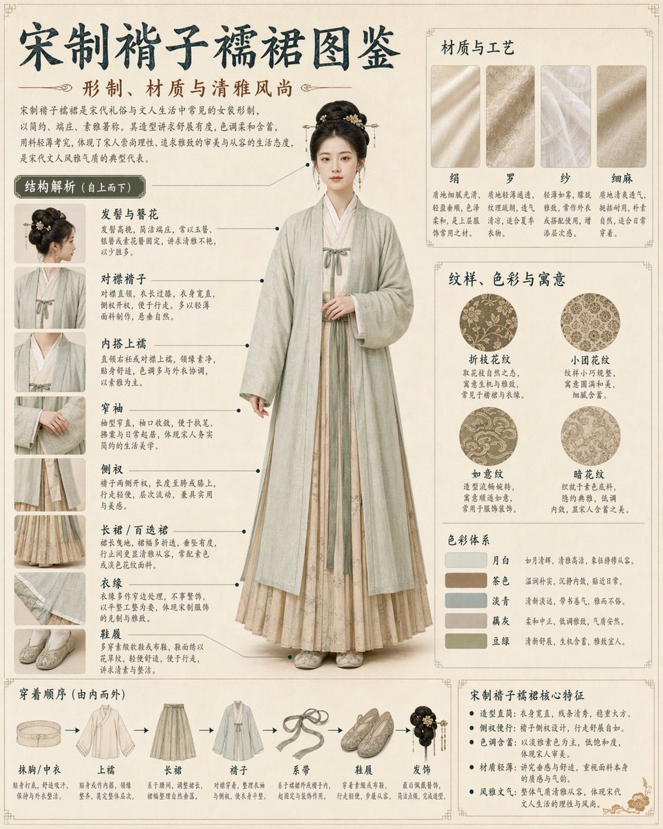 Song Dynasty Hanfu Infographic Guide Qwen Image prompt example: Generates a highly detailed, museum-style infographic poster analyzing traditional Chinese clothing components,...