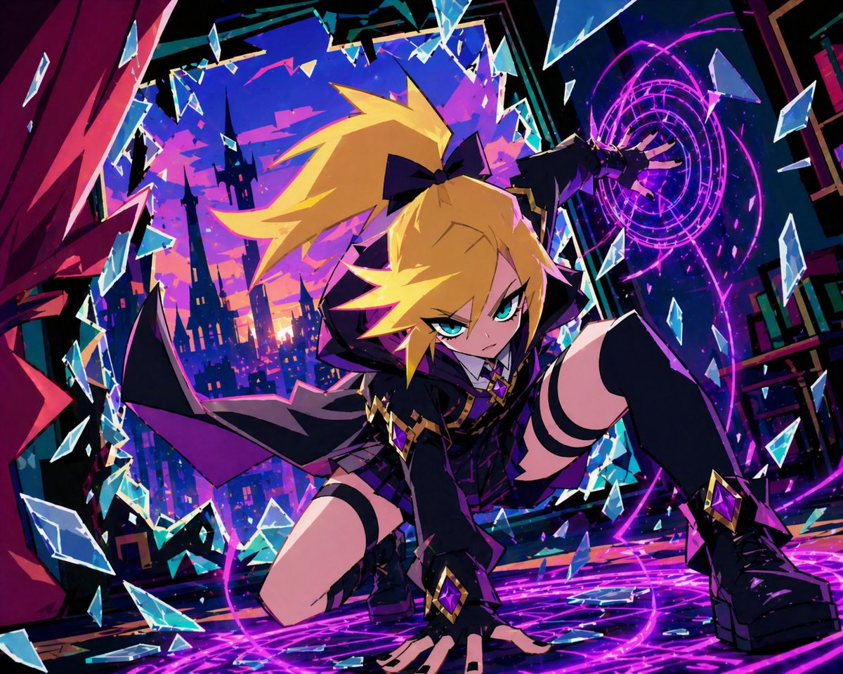 Dynamic Anime Magic Action Scene Qwen Image prompt example: Generates a highly stylized, dynamic anime illustration of a magical character breaking through glass with glowing...