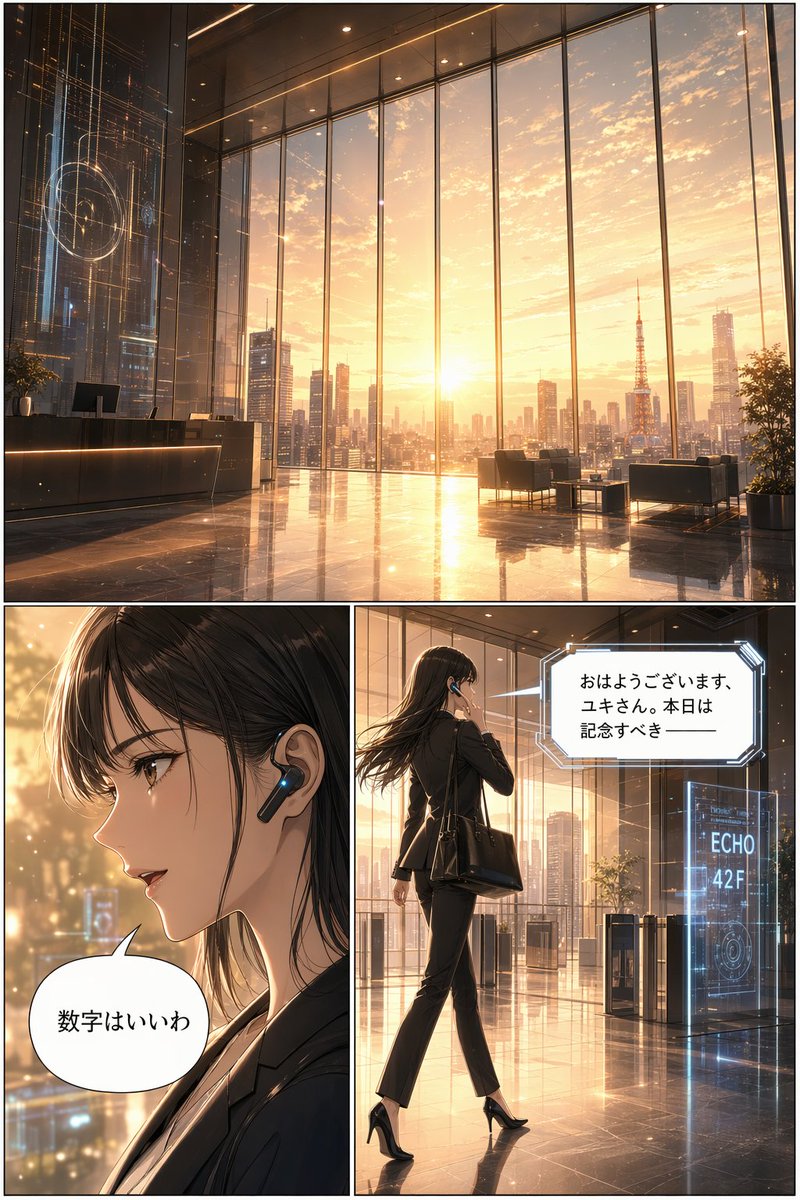 Futuristic Corporate 3-Panel Manga Page GPT Image 2 prompt example: Generates a 3-panel anime-style comic page featuring a futuristic corporate lobby and a businesswoman...