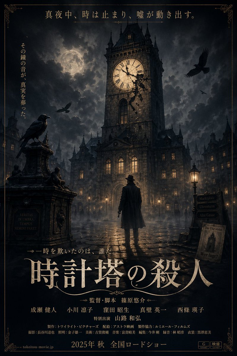 Gothic Mystery Movie Poster GPT Image 2 prompt example: Generates a cinematic movie poster for a dark mystery thriller featuring a detective, a clock tower, and customizable...