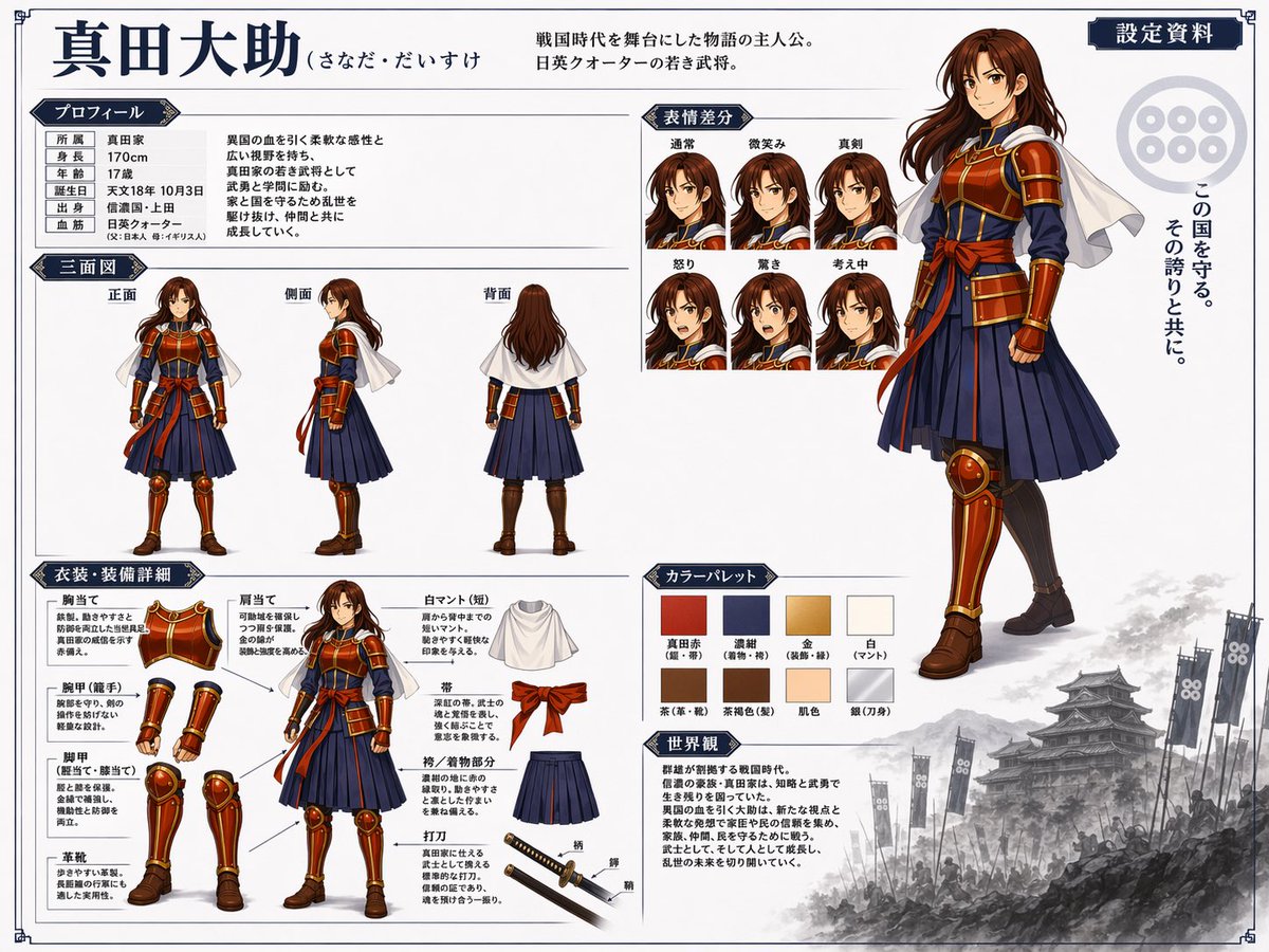 Anime Character Reference Sheet 的 GPT Image 2 提示词示例图：Generates a detailed anime character design document including multiple views, expressions, equipment breakdowns, and color...