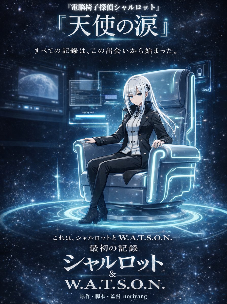 Sci-Fi Anime Detective Poster のQwen Imageプロンプト例: Generates a cinematic sci-fi anime poster featuring a character sitting in a high-tech chair in space, complete with customizable...