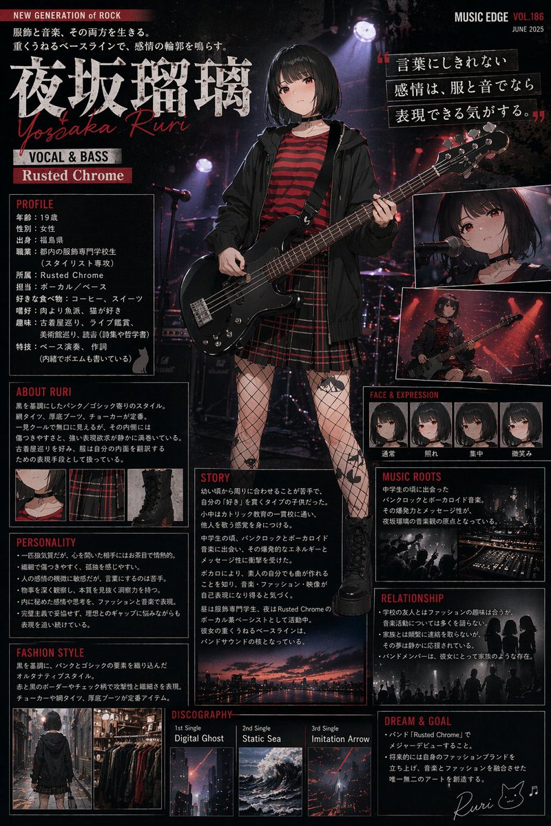 Music Magazine Character Profile GPT Image 2 prompt example: Generates a highly detailed, magazine-style character biography page with multiple text sections, inset images, and a...