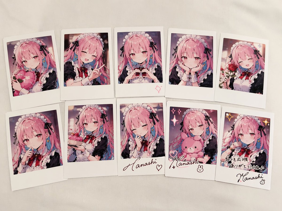 Idol Maid Polaroid Collection のQwen Imageプロンプト例: Generates a set of 10 instant photos of an anime maid character in various poses, complete with handwritten signatures and...