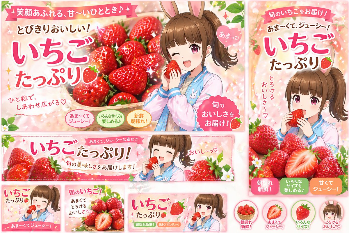 Anime Strawberry Promo Banner Set Qwen Image 프롬프트 예시: A comprehensive set of promotional web banners and icons featuring an anime girl advertising fresh strawberries.