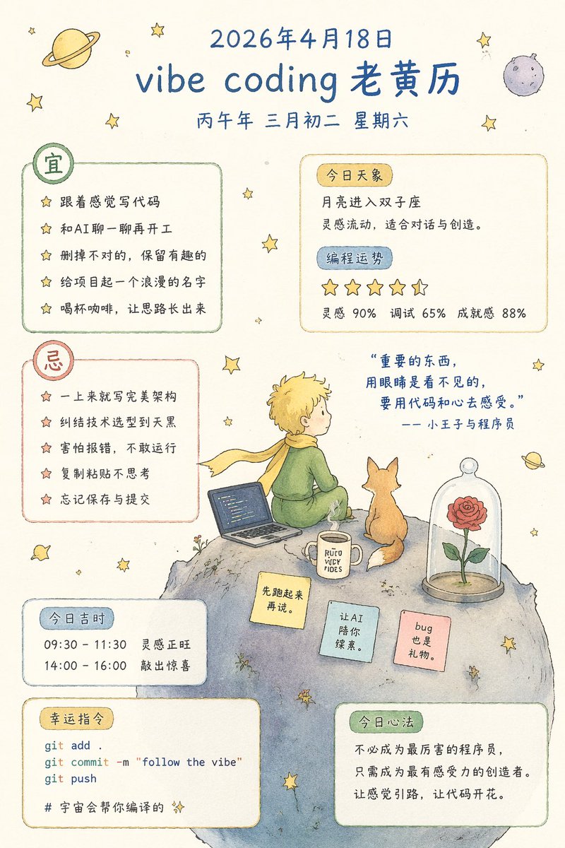 Whimsical Programmer Almanac Infographic Qwen Image prompt example: Generates a watercolor-style daily almanac for programmers featuring a Little Prince theme, complete with...