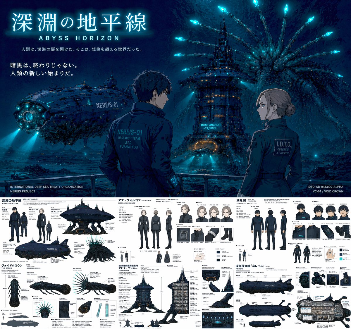 Sci-Fi Deep Sea Concept Art & Reference Sheet Qwen Image prompt example: Generates a dual-layout image featuring a cinematic deep-sea illustration on top and a highly detailed,...