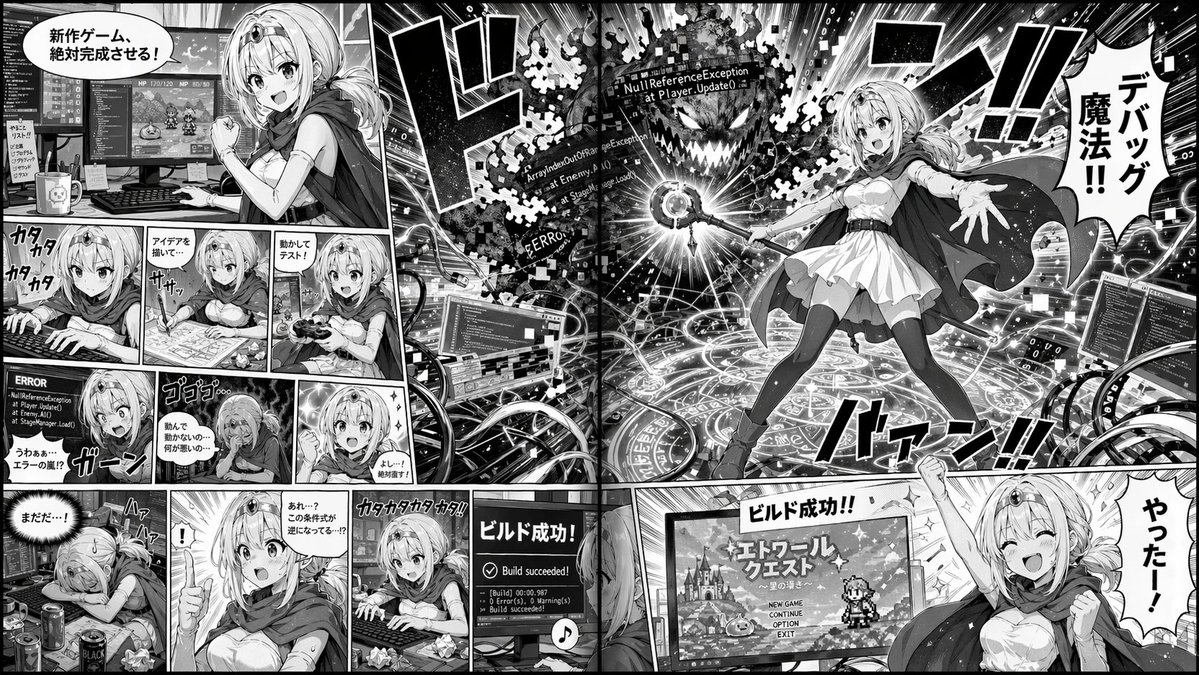 Manga Spread: Fantasy Game Developer GPT Image 2 prompt example: Generates a 2-page manga spread depicting a fantasy character struggling with and ultimately conquering game...