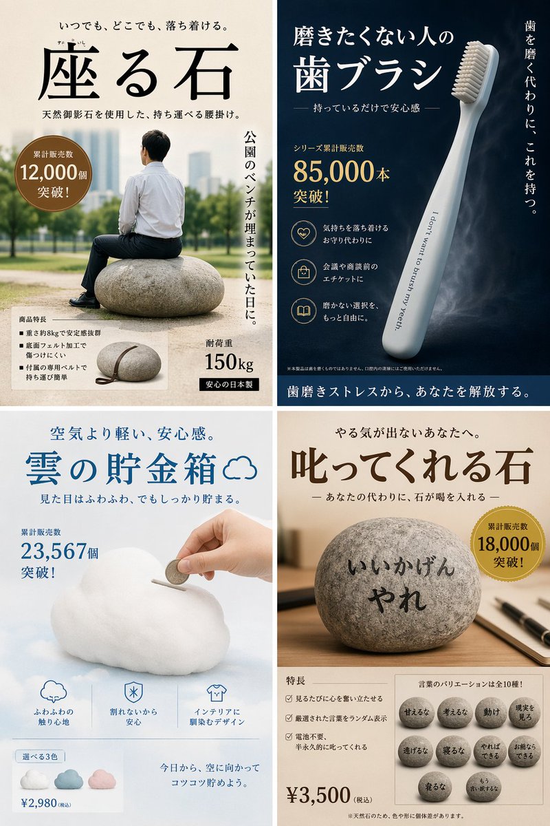 Satirical 4-Panel Product Ads Qwen Image prompt example: Generates a 4-panel grid of humorous, fictional product advertisements with detailed Japanese typography, badges, and...