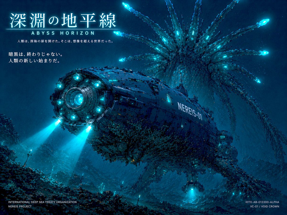 Sci-Fi Deep Sea Submarine Poster GPT Image 2 prompt example: Generates a cinematic sci-fi poster of a deep-sea submarine encountering a giant bioluminescent creature, complete...