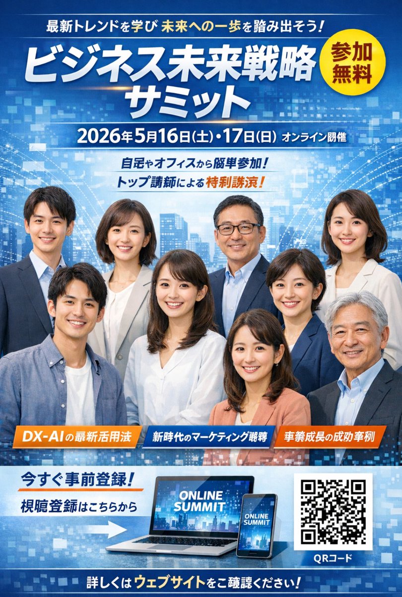Business Online Summit Ad Banner GPT Image 2 prompt example: Generates a professional Japanese advertisement banner for an online business summit featuring a group portrait,...