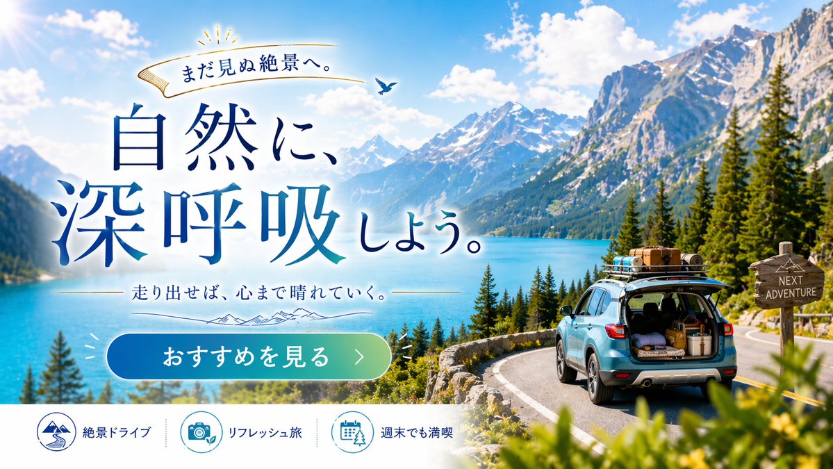 Scenic Travel Ad Banner Generator Qwen Image 프롬프트 예시: Generates a promotional web banner for road trips, featuring customizable typography, a scenic background, and a bottom...