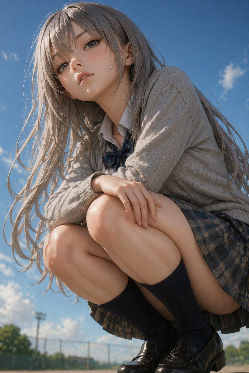 Photorealistic Anime Schoolgirl Crouching Portrait GPT Image 2 prompt example: Generates a highly detailed, 2.5D style portrait of a girl in a school uniform crouching outdoors...